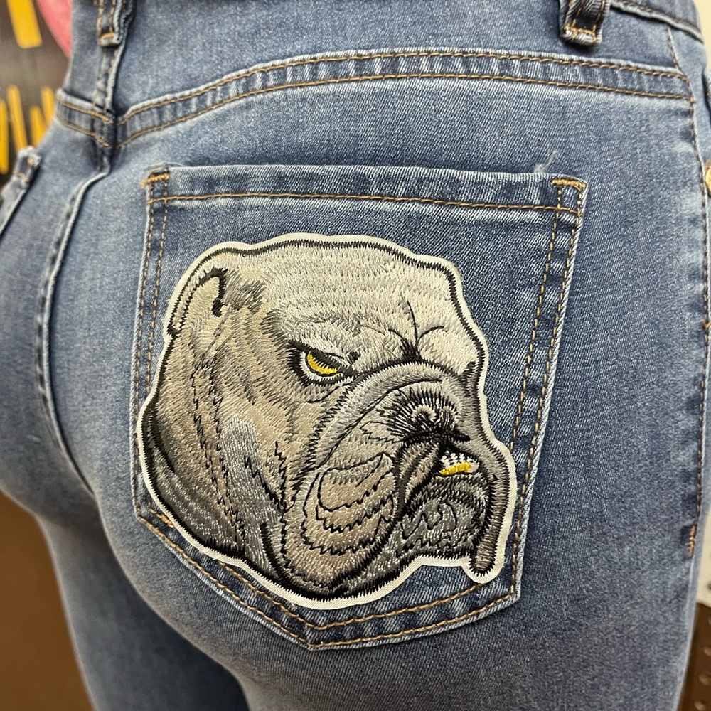 Ladies Denim Jeans Embellished Patch Rip Bottom Bootcut Junior Sizes 3-15